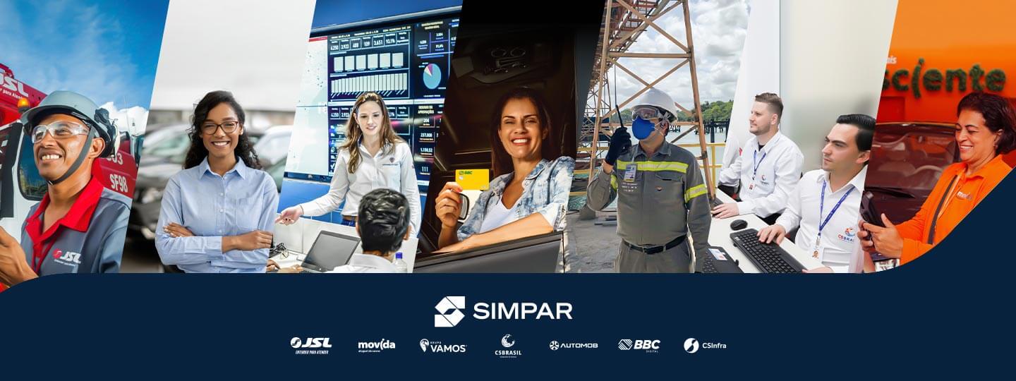 Funcionários das empresas do Grupo Simpar junto aos logos do Grupo e das empresas controladas